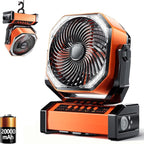 Camping LED Fan with Light, 20000mAh Rechargeable Battery Powered Outdoor Tent Fan with Light and Hook, 4 Speed, Personal USB Desk Fan for Camping, Fishing, Power Outage,Hurricane, Worksite