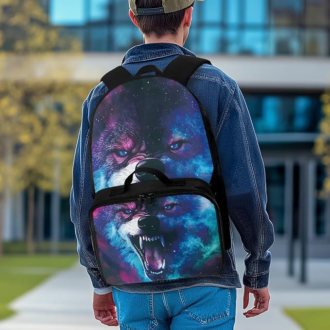 Wolf Universe Backpack with Lunch Box for Men Cool School Bag for Teen Boys Insulated Lunch Bag for Outdoor Polyester Bookbag for Travel Camping