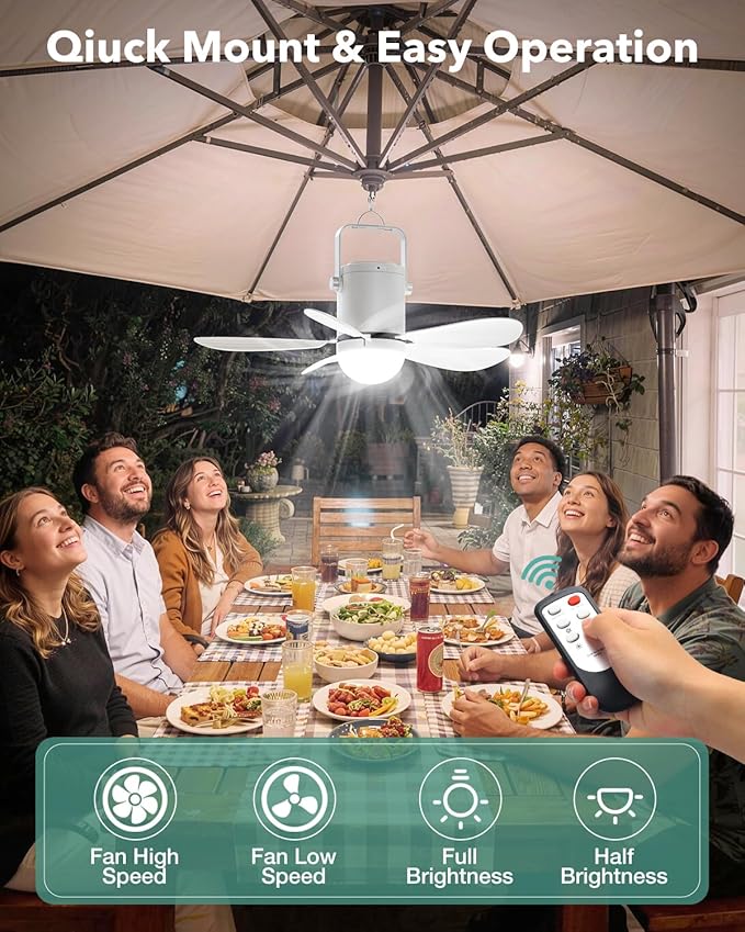 21” Solar Ceiling Fan Light, 35W Solar Powered Gazebo Fan with Remote Control, Rechargeable Battery Operated Portable Camping Fan Outside, for Tent Patio Greenhouse Porch Canopy Pergola