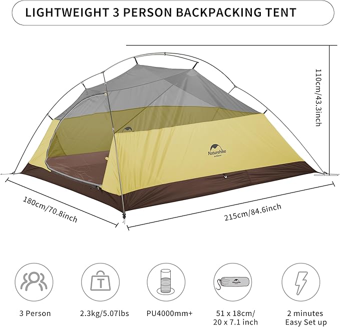 Naturehike Cloud Up 3 Person Backpacking Tent with Footprint - 3 Season Free Standing Lightweight 3 Person Camping Tent | with Footprint, Free Standing, Dome, Camping, Hiking, Waterproof
