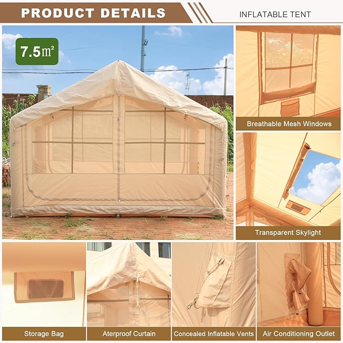 Inflatable Tent House Camping Tent with Mesh Windows and 2 Skylights Waterproof Oxford Blow Up Tent with Chimney Opening Family Tent with Pump Easy Setup Air Glamping Tents for Camping Outdoor
