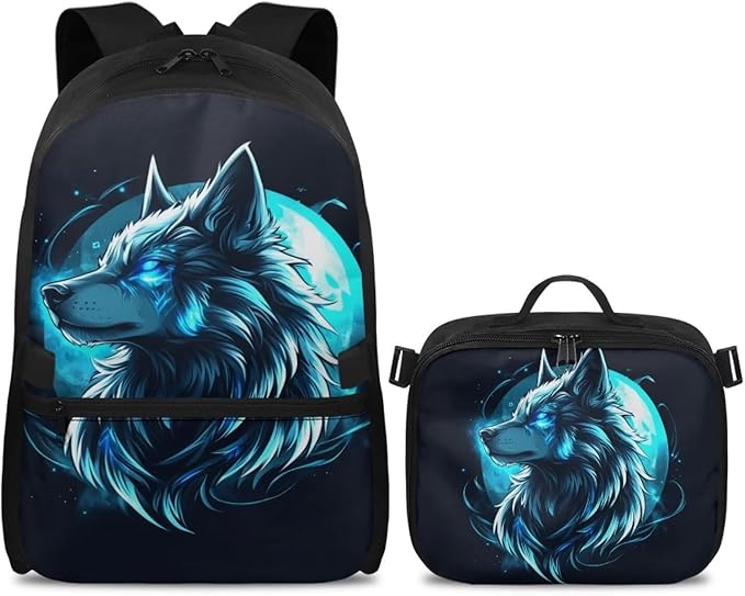 Wolf Backpack with Lunchbox Blue Bookbag for Men Large Capacity School Bag with Adjustable Shoulder Strap for Outdoor Travel Hiking Camping