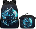Wolf Backpack with Lunchbox Blue Bookbag for Men Large Capacity School Bag with Adjustable Shoulder Strap for Outdoor Travel Hiking Camping