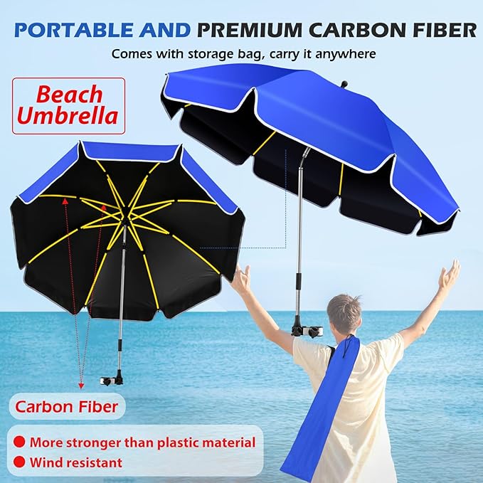 48.8 inch Large Beach Umbrella with Clamp Sun Shade for Beach Chair, 360°Adjustable UV Protection Golf Umbrella with Clip for Outdoor Stroller Wheelchair Camping Chair