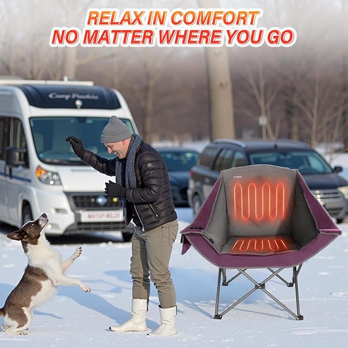 CAMPHILL Heated Camping Chairs,Oversized Padded Heating Lawn Chair with Cup Holder,Wide&Thick,Heavy Duty Folding for Patio,Tailgates,and Sports,Battery NOT Included,Purple