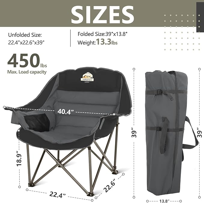 Oversized XL Padded Camping Chair Set of 2 Wide Heavy Duty Lawn Chairs Support 450 LBS Portable Folding Gaint Camp Chair for Outdoor Outside Sports Baseball Soccer-Black and Grey