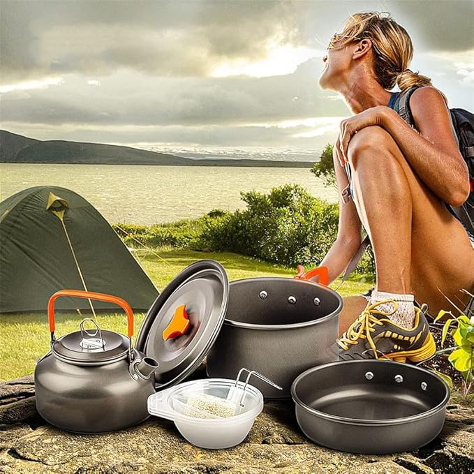 Outdoor Camping Cookware Kit Aluminum Portable Nonstick Cooking Water Kettle Pot Pan Set for Hiking Picnic BBQ Tableware,Black,A-Orange-A
