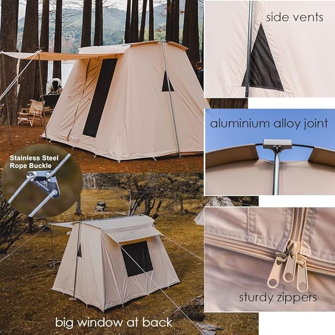 UNISTRENGH Waterproof Cotton Canvas Cabin Tent 4 Season Outdoor Family Camping Tent Shelters with Awning & Extra Wide Mesh Doors