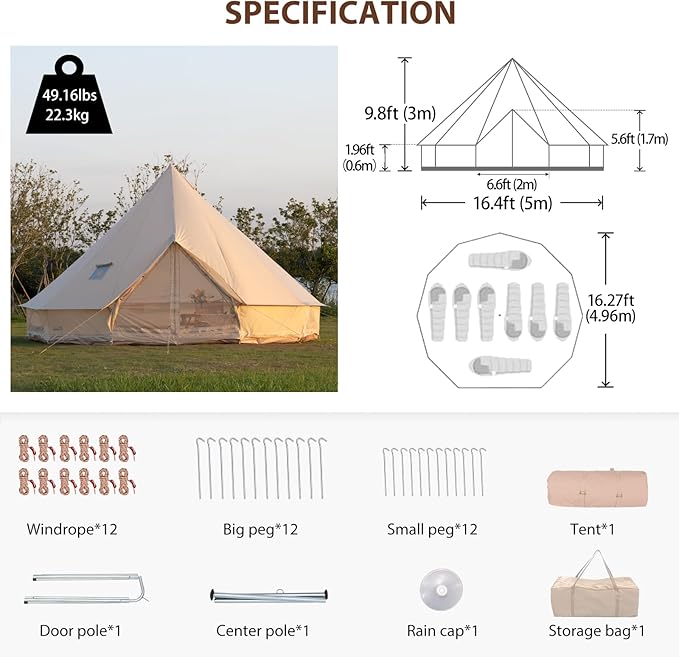 Oxford Bell Tent for Family Camping - Spacious 13.1ft /16.4ft Yurt with Stove Jack, Large Glamping Tents for 4-8 People, 4 Season Oxford Hot Tent Shelter