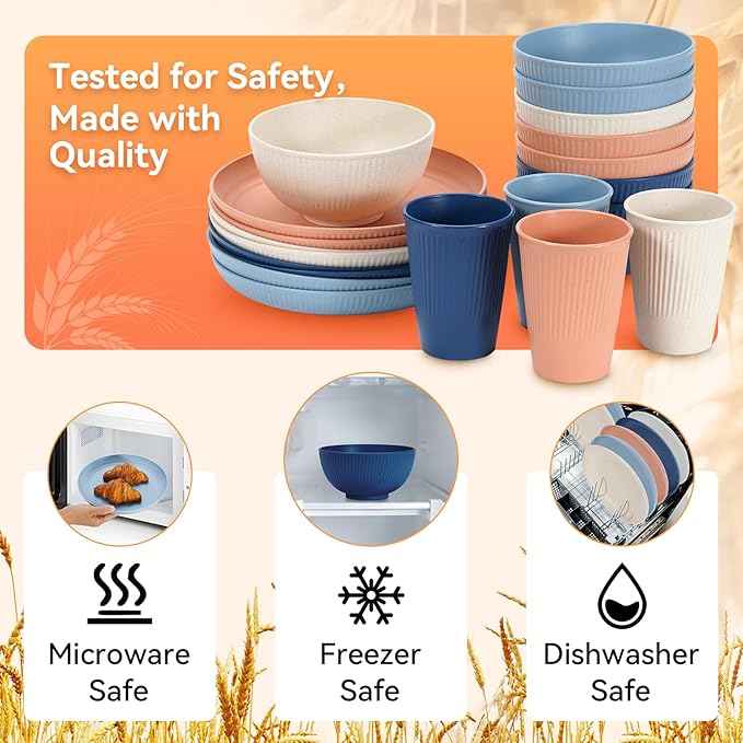 Wheat Straw Dinnerware Sets,64-Piece Plates and Bowls Sets for 8-Unbreakable,Reusable Plastic Dish Set-Dinner Plate/Dessert Plate/Cereal Bowl/Cup/Utensils-Microwavable Dishwasher Safe 64P-Deep Blue