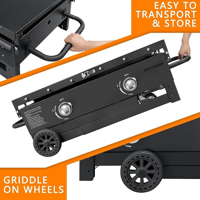SKOK Foldable Gas Griddle-28 Inch Outdoor Propane Griddle, Portable Flat Top Gas Grill -30000 BTU Propane Fuelled, 2 Burners Table Top Griddle Station with Side Shelves