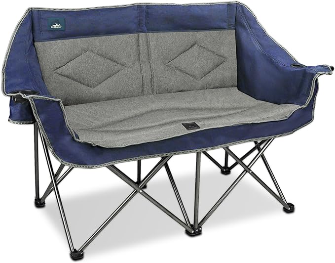 Northroad Folding Loveseat Camping Chair Portable Double Duo Full Padded Garden Chair for 2 Person Sofa w/ 2 Cup Holder,Wine Glass Holder,Mesh Storage,Support 500lbs for Picnic Beach Travel(Blue)