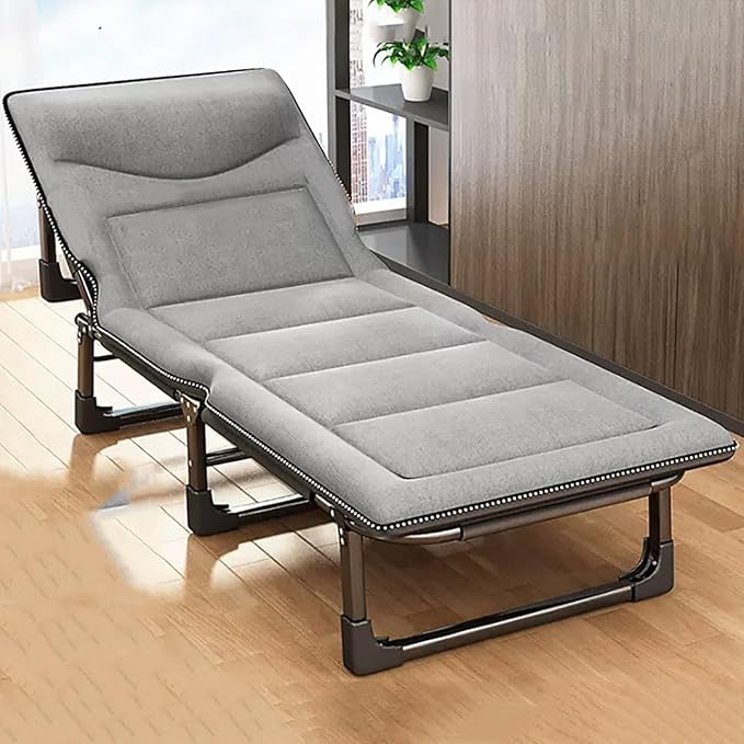 Folding Bed Foldable Bed, Camp Beds for Adults with Cushion and Pillow, Outdoor Portable Folding Lounge Chair Sleeping Cots Bed with 4 Gears Adjustable, Portable Sleeping Cot for Beach Travel(Gris,190