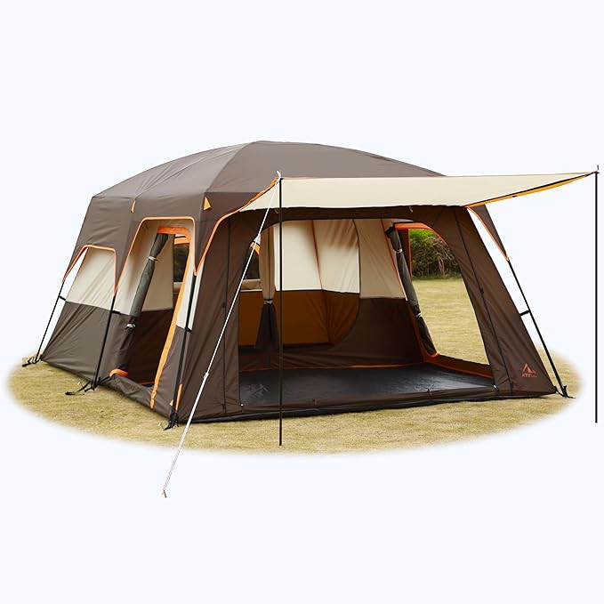 KTT Large Tent 8-10-12 Person,Family Cabin Tents,2 Rooms,2 Doors and 4 Windows with Mesh,Straight Wall,Waterproof,Double Layer,Big Tents for Outdoor,Picnic,Camping,Family Gathering