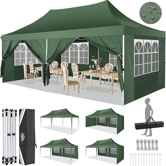 COBIZI 10x20 Pop Up Canopy Tent with Sidewalls,Party Tent Outdoor Gazebos, Waterproof & UV50+,3 Adjustable Heights,Higher Frame Design - Extra Tall for Parties Backyard,Weddings,Markets, Green