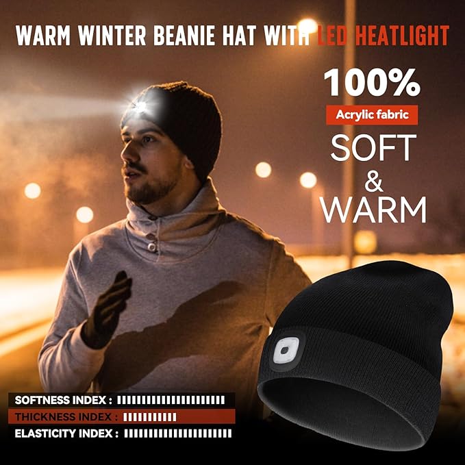 Unisex Beanie Hat with Light, Rechargeable Headlamps Cap, Gifts for Men, Hiking, Camping headlamps, Cool Gadget Birthday Gifts for Men, Women, Dad, Father, Boyfriend, Black