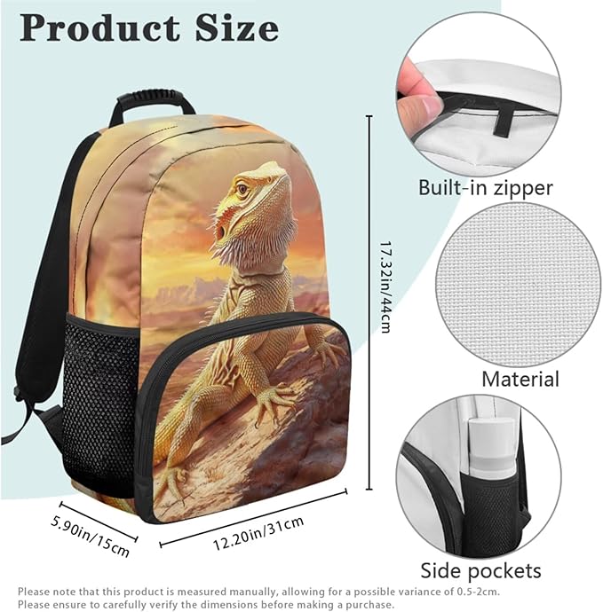 Lizard Backpack with Lunch 2Nd Grade Backpack Boys Fashion Portable Boys Bookbag Age 6-8 with Lunch Box 4 in 1 School Bag for Boy 6-7 Travel Hiking Daypack Outdoor Camping