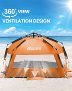 OutdoorMaster Beach Tent Sun Shelter for 3-4 Person, Pop Up Beach Tent Easy Setup with Sandbags, Portable Sun Shade Canopy with Carrying Bag for Beach & Outdoor, UPF50+ UV Protection, Family Size