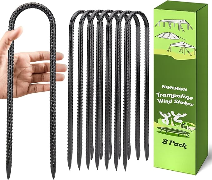 12 Inch 8 Pack Ground Anchors Heavy Duty Rebar Stakes Garden Stakes U Hook Galvanized Steel Ground Stakes Tent Stakes Trampoline Stakes, for Camping Tents Soccer Goals, Black
