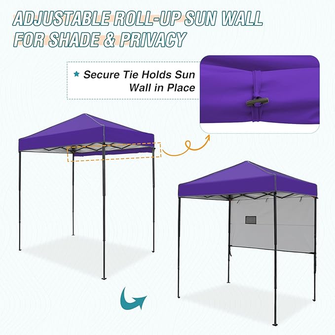 EAGLE PEAK 6x4 Instant Pop Up Canopy Tent with 1 Half Wall Panel, Straight Leg Sun Shelter, Portable Canopy with Carry Bag for Camping, Beach & Sports, Purple