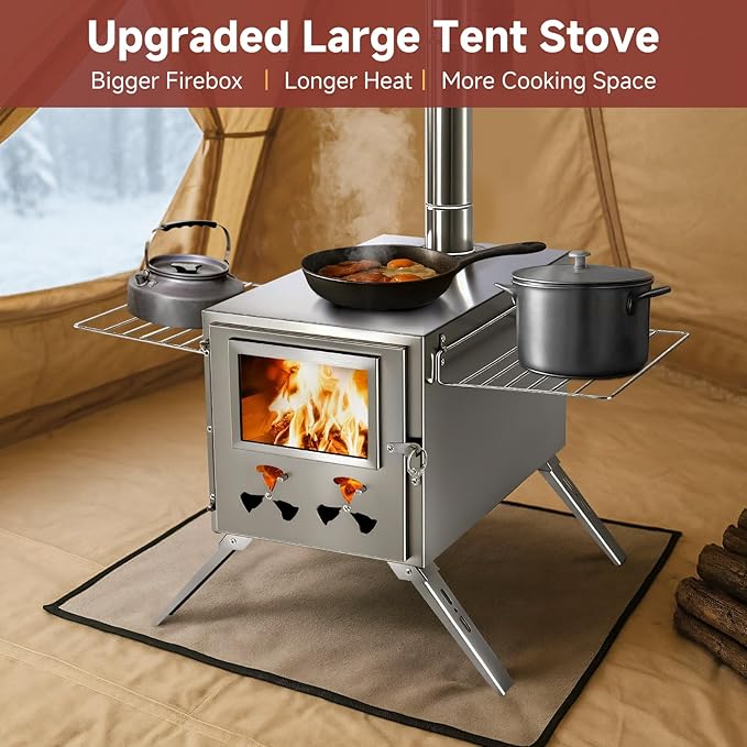 H&ZT Large Hot Tent Stove, Upgraded Wood Burning Stove with 9 Chimney Pipes, Portable Camping Heater for Cooking, Hunting & Winter Warmth