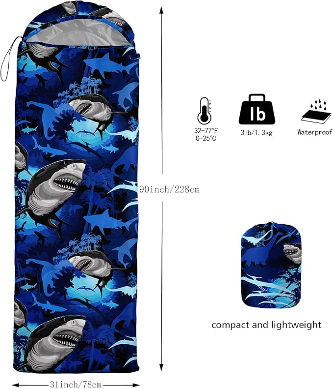 BailiPromise Shark Printed Camping Sleeping Bags,3 Season Warm & Cool Weather,Lightweight,Waterproof Sleeping Bags for Adults & Kids,Traveling,and Outdoors,Camping Gear Equipment,31x90inch, Standard