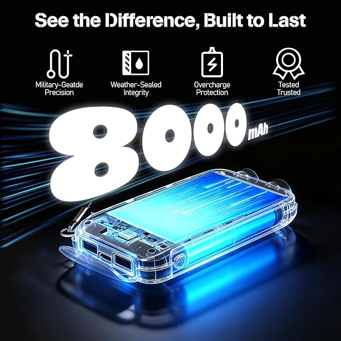 Portable Charger Solar Power Bank 8000mAh with USB-A and USB-C 5V/3A Output Port Blue Battery Pack Compatible with iPhone, Samsung, Waterproof Emergency LED Flashlights Perfect for Camping, Hiking