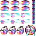 Honeydak 36 Pcs Stainless Steel Utensils Camping Tableware Kit Include Set of 6 Plate Bowl Cups Spoons Forks Knives Flatware Set for Backpacking Camping Hiking and Picnic(Rainbow Color)