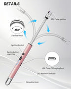 VEHHE Electric Candle Lighter, USB Rechargeable Lighters with Safety Button Lock, Flexible Neck ARC Long Lighter with LED Battery Display Windproof for Grilling Cooking Camping