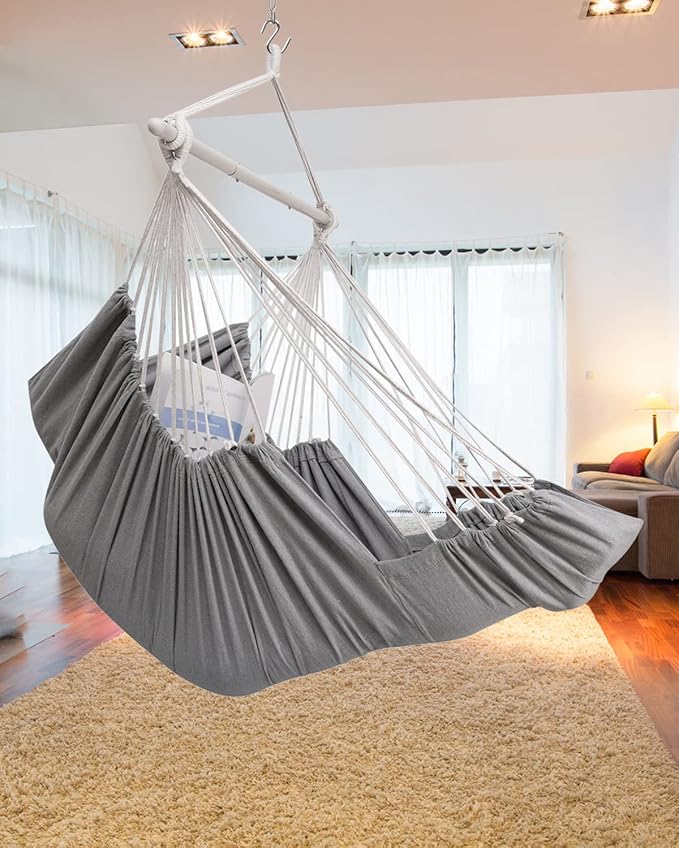 ADVOKAIR Hanging Hammock Chair Large Swing Chair with Foot Rest and Hardware,Max 500lbs,Steel Spread Bar with Anti Slips, 2 Cushions and Side Pocket,Indoor/Outdoor Use…