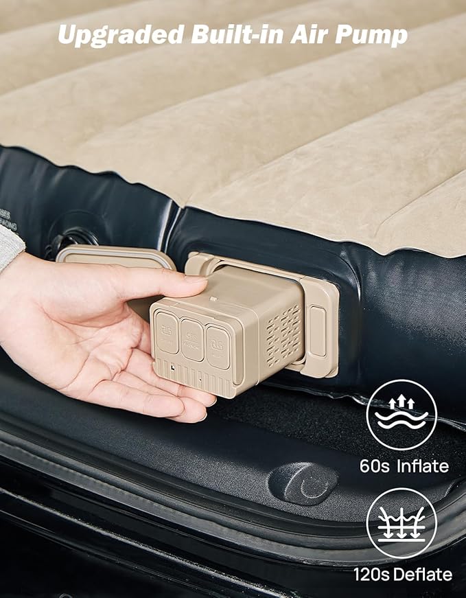 JOYTUTUS Model Y Air Mattress, Self-Inflating Camping Bed Compatible with Tesla Model Y, Upgraded Built-in Pump, Soft Bed Sheets, 2 Pillows,Camel