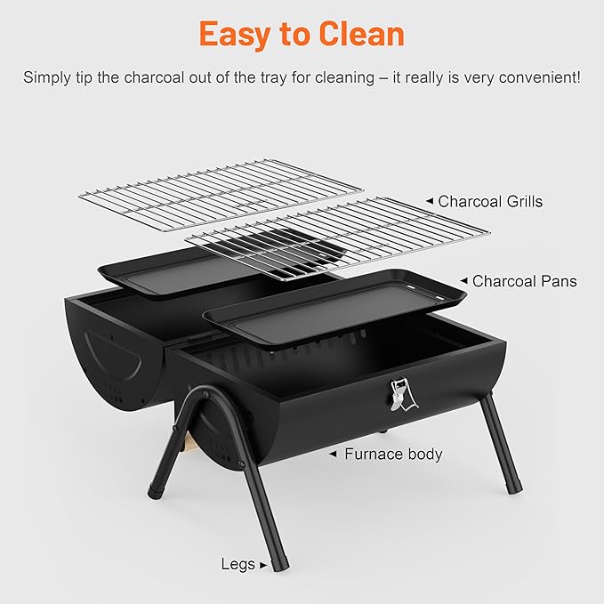 Portable Charcoal Grill with Warming Rack, Wooden Handle, Tabletop BBQ Grill for Outdoor Barbecue Camping Picnic Backyard Patio, Black