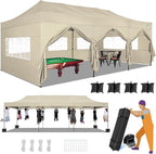 COBIZI 10x30 Heavy Duty Pop up Canopy with 8 sidewalls Stable Wedding Outdoor Tents for Parties Canopy Pop Up Party Tent UPF 50+ Waterproof Commercial Gazebo with Roller Bag, Khaki(Windproof Upgraded)