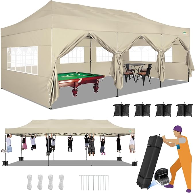 COBIZI 10x30 Heavy Duty Pop up Canopy with 8 sidewalls Stable Wedding Outdoor Tents for Parties Canopy Pop Up Party Tent UPF 50+ Waterproof Commercial Gazebo with Roller Bag, Khaki(Windproof Upgraded)