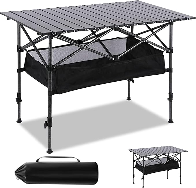 Adjustable Height Aluminum Folding Camping Table，Folding Grill Table，for Outdoor, Camping, Beach, BBQ, Patio, and Picnic, Durable & Waterproof with Carrying Bag(Large-Size)