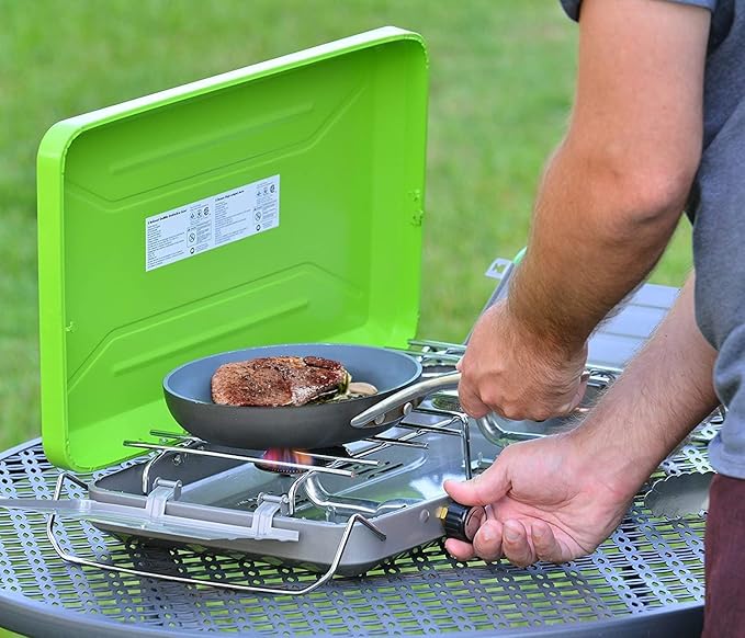 Flame King VT-101 2-Burner Portable Camping Stove Grill, Great for Outdoor Cooking, Backpacking, Compatible with 1LB Propane Gas Bottle