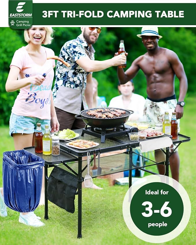 3ft Folding Camping Table with Wing Panels, Adjustable Height Metal Grill Prep Table with Storage Net, Paper Towel Holder, Hooks, Trash Bag Rack for BBQ, RV, Picnic, Portable Grill