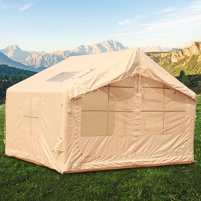 Inflatable Tent House Camping Tent with Mesh Windows and 2 Skylights Waterproof Oxford Blow Up Tent with Chimney Opening Family Tent with Pump Easy Setup Air Glamping Tents for Camping Outdoor