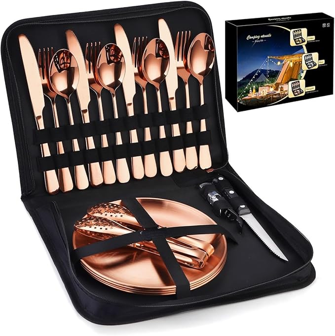 Flatware Silverware Set, 20-piece Outdoor Camping Stainless Steel Cutlery, Forks, Spoons, Plates, Food Clips, Portable Cutlery Bag Set, Tableware Cutlery Set (Color : Rose Gold, Size : 6Set