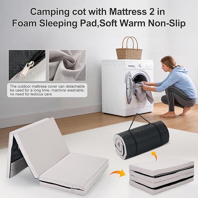 ABORON Camping Cot with 2in Memory Foam Trifold Mattress, 900LBS Heavy Duty Sleeping Cot for Adults, Extra Wide Sleeping Cot, 1200D Double Layer Oxford Cot for Camping, Guest, Office Nap