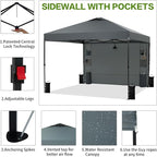 12'x12' Pop Up Canopy Tent with 1 Sidewall and 6 Pockets, One Push Setup, Instant Shade Tent with Vented Roof for Beach Patio Outdoor, Case, 8 Stakes, 4 Ropes, 4 Sandbags (Gray, 12x12)