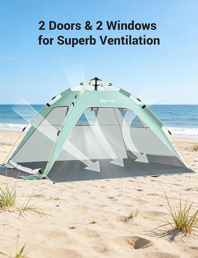 Glymnis Pop Up Beach Tent Sun Shade Shelter for 3-4 Person with UPF 50+, Lightweight & Easy Setup, Vent Windows & Zippered Door, Extended Floor Family Instant Beach Tent