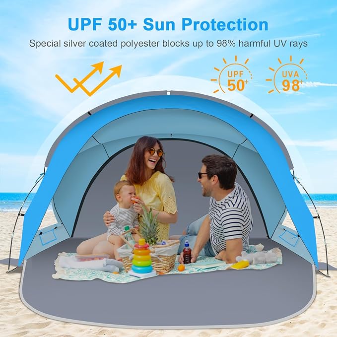 Gorich Beach Tent Sun Shelter with UPF50+ UV Protection for 1-2/3/4-5/6-7 Person, Lightweight & Portable Beach Shade Canopy with 2 Zippered Doors, Easy Setup Family Beach Umbrella