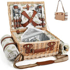 Picnic Basket with Blanket and Wine Pouch for 4, Wicker Picnic Set with Insulated Liner Cooler Bag Hamper for Camping,Wedding - Leaf