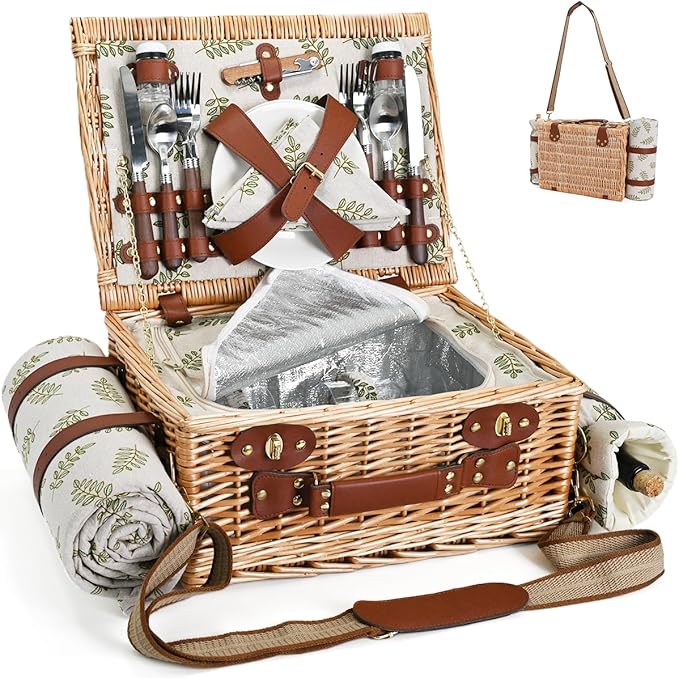 Picnic Basket with Blanket and Wine Pouch for 4, Wicker Picnic Set with Insulated Liner Cooler Bag Hamper for Camping,Wedding - Leaf