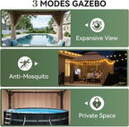 Aoxun 10x10 Outdoor Gazebo with 50FT LED Hanging Lights Metal Frame Canopy with Double Roofs Heavy Duty Party Tent Shelter with Mosquito Netting and Privacy Screen for Backyard, Lawn, Garden(Khaki)