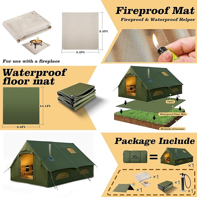 Inflatable Camping Tents 8-10 Person,129 Square Feets Large Inflatable Camping Tent with Stove Jack,Blow up Tent with Mesh Windows & Pump