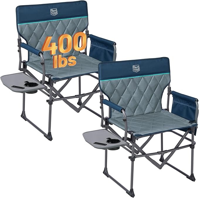 TIMBER RIDGE 2 Pack Camping Directors Chairs with Side Table Pockets, Portable Folding Heavy Duty Lawn Chair for Outdoor Fishing Trip Picnic Concert 400lbs, Blue