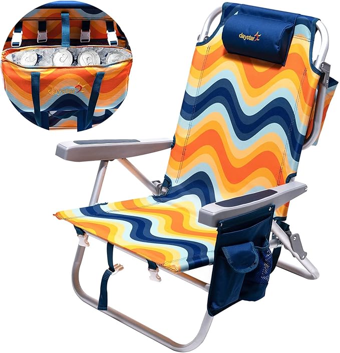 SUNNYFEEL Low Beach Chair 5 Position Lay Flat, Portable Folding Backpack Beach Chairs Heavy Duty with Cooler Bag, Cup Holder for Outdoor/Lawn/Trip/Picnic/Fishing, Foldable Camping Chair