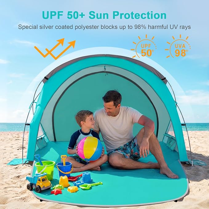 Gorich Beach Tent Sun Shelter with UPF50+ UV Protection for 1-2/3/4-5/6-7 Person, Lightweight & Portable Beach Shade Canopy with 2 Zippered Doors, Easy Setup Family Beach Umbrella